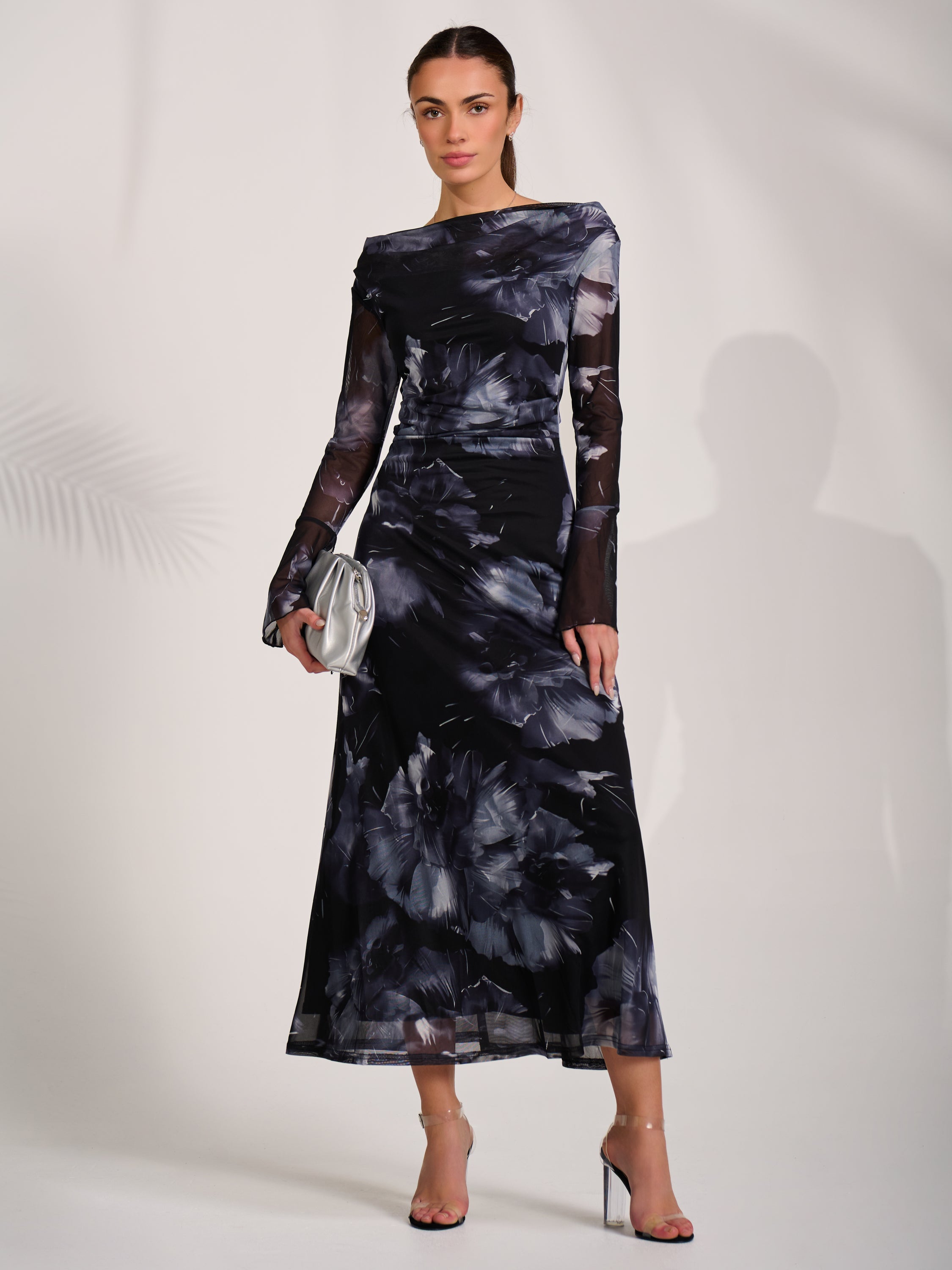 Long Sleeve Slash Neck Maxi Dress Front View