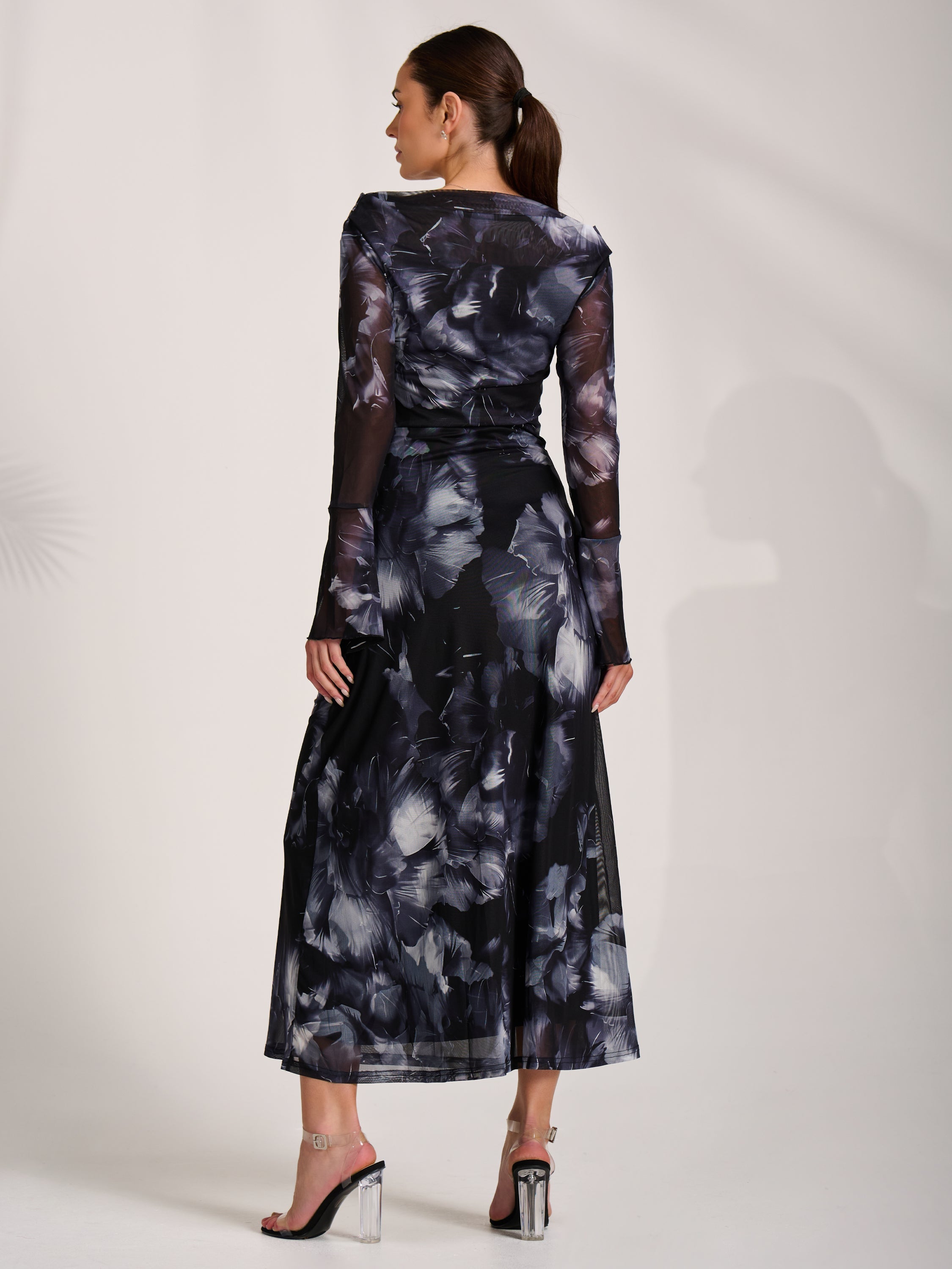 Long Sleeve Slash Neck Maxi Dress Back View