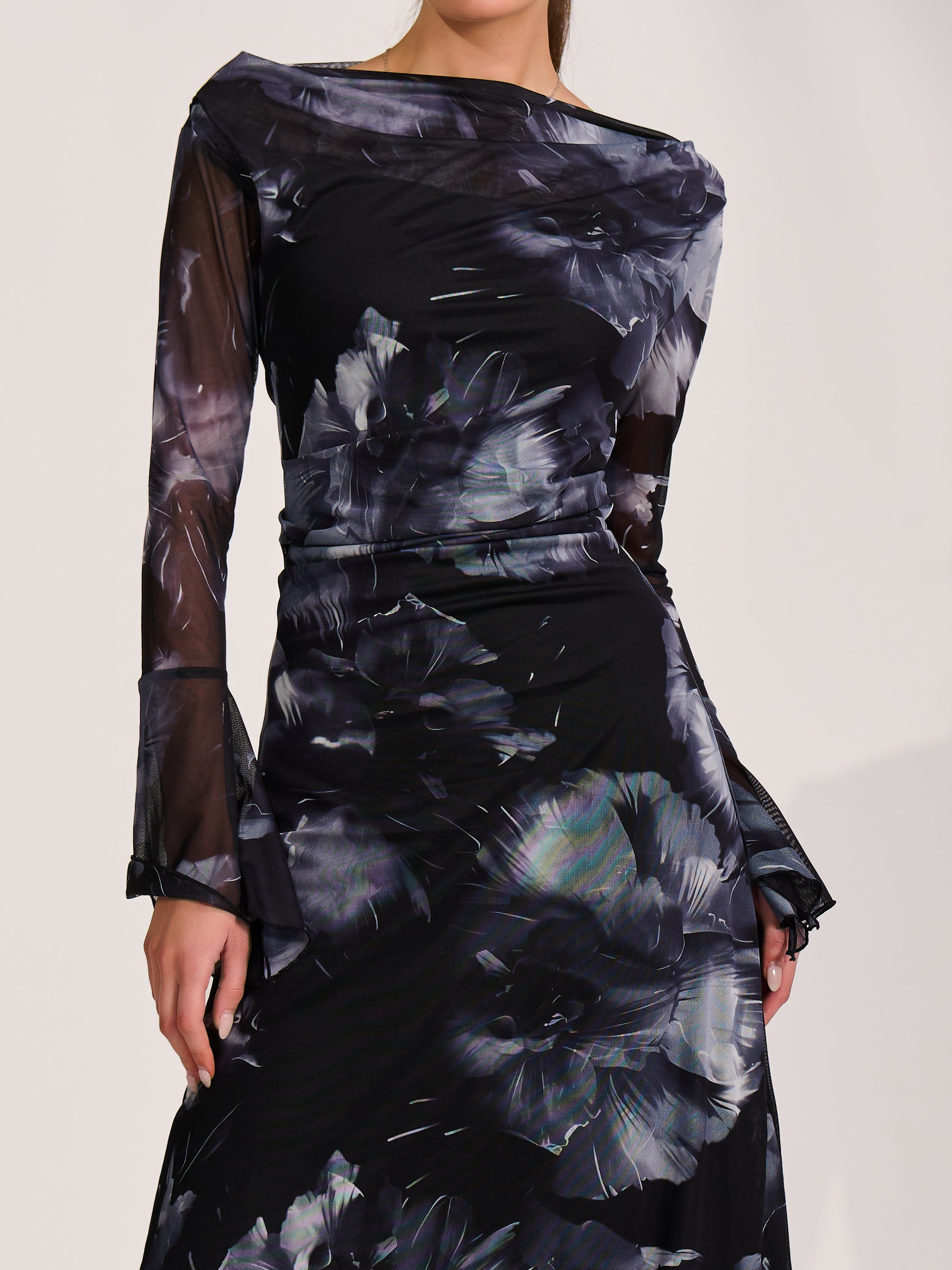 Long Sleeve Slash Neck Maxi Dress Side View