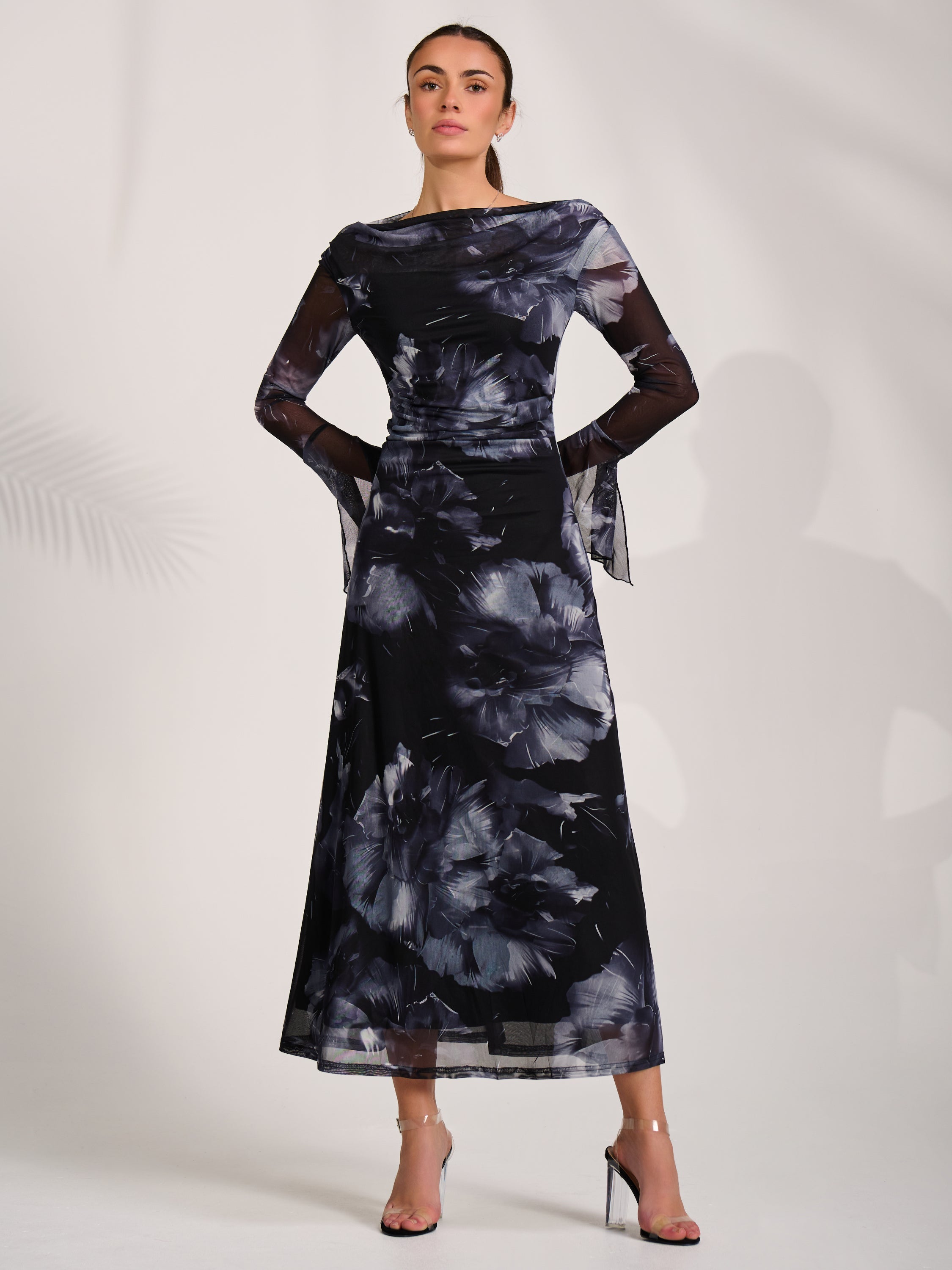 Long Sleeve Slash Neck Maxi Dress Full Length View