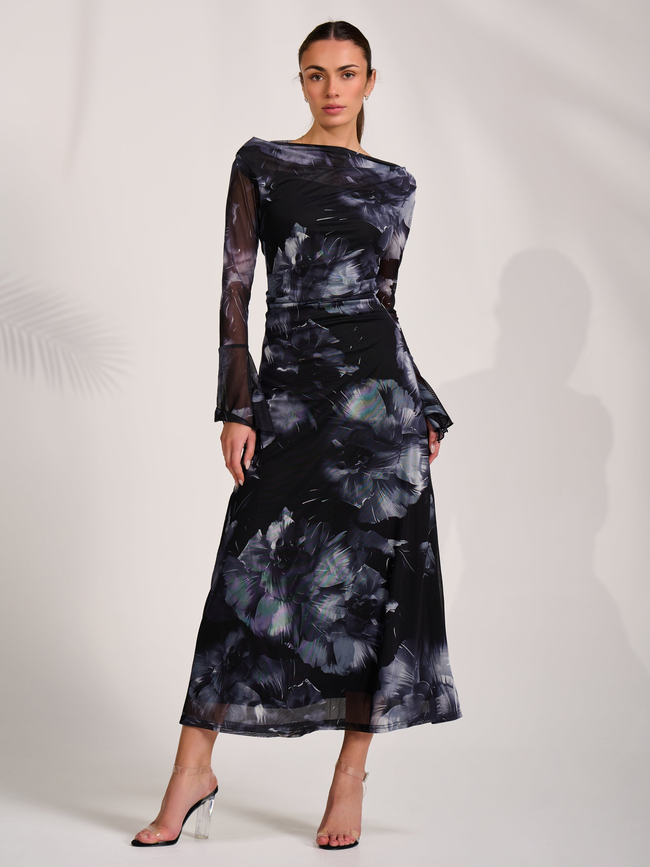Long Sleeve Slash Neck Maxi Dress Front View 2