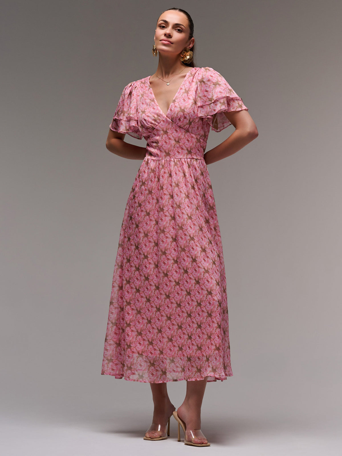 Layered Angel Sleeved Chiffon Maxi Dress Front View