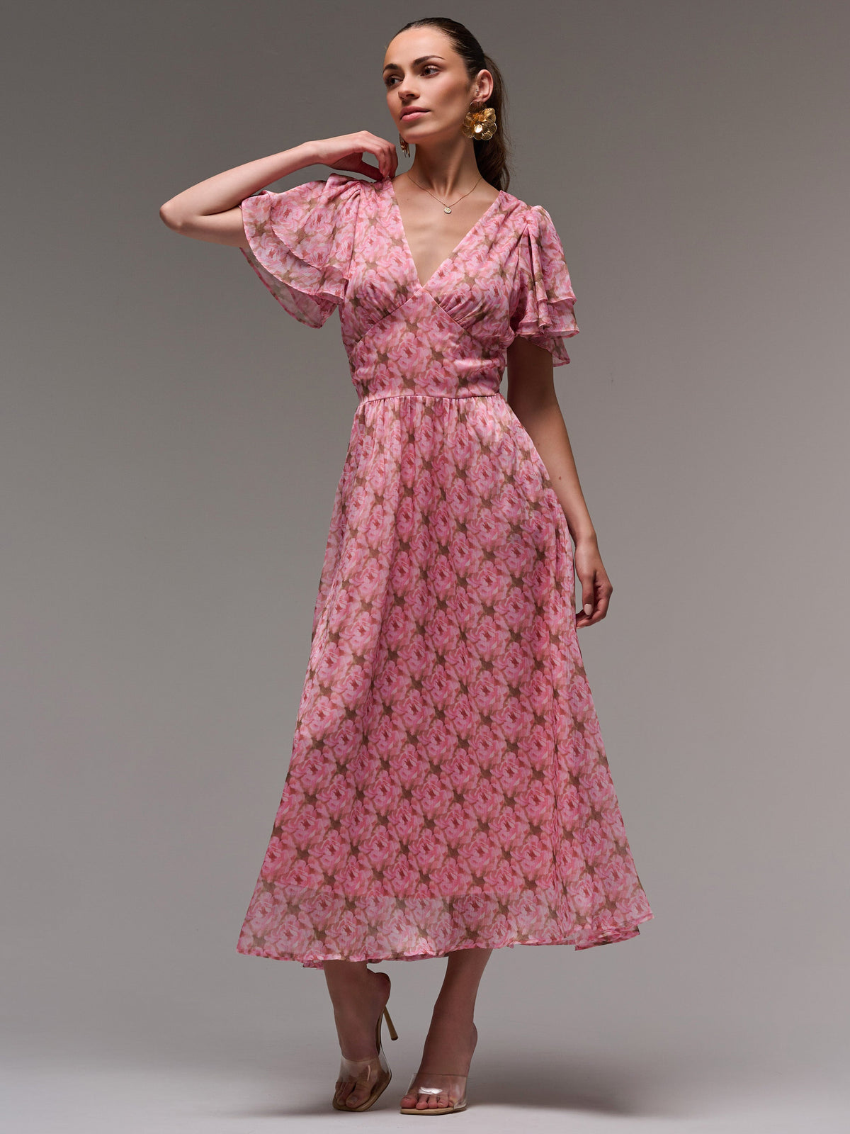 Layered Angel Sleeved Chiffon Maxi Dress Full Length View