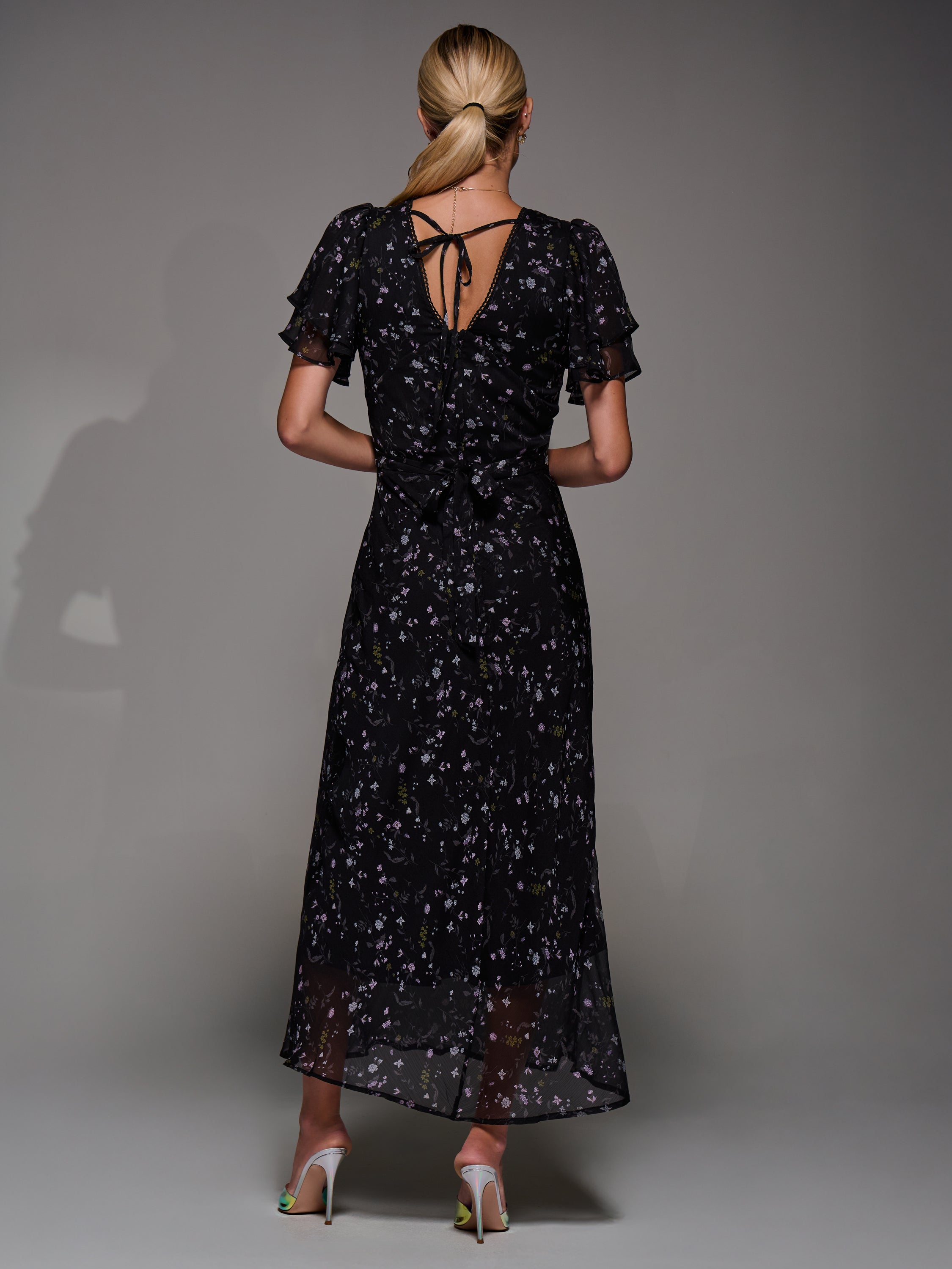 V-Neck Frill Sleeve Chiffon Midaxi Dress Full Length View