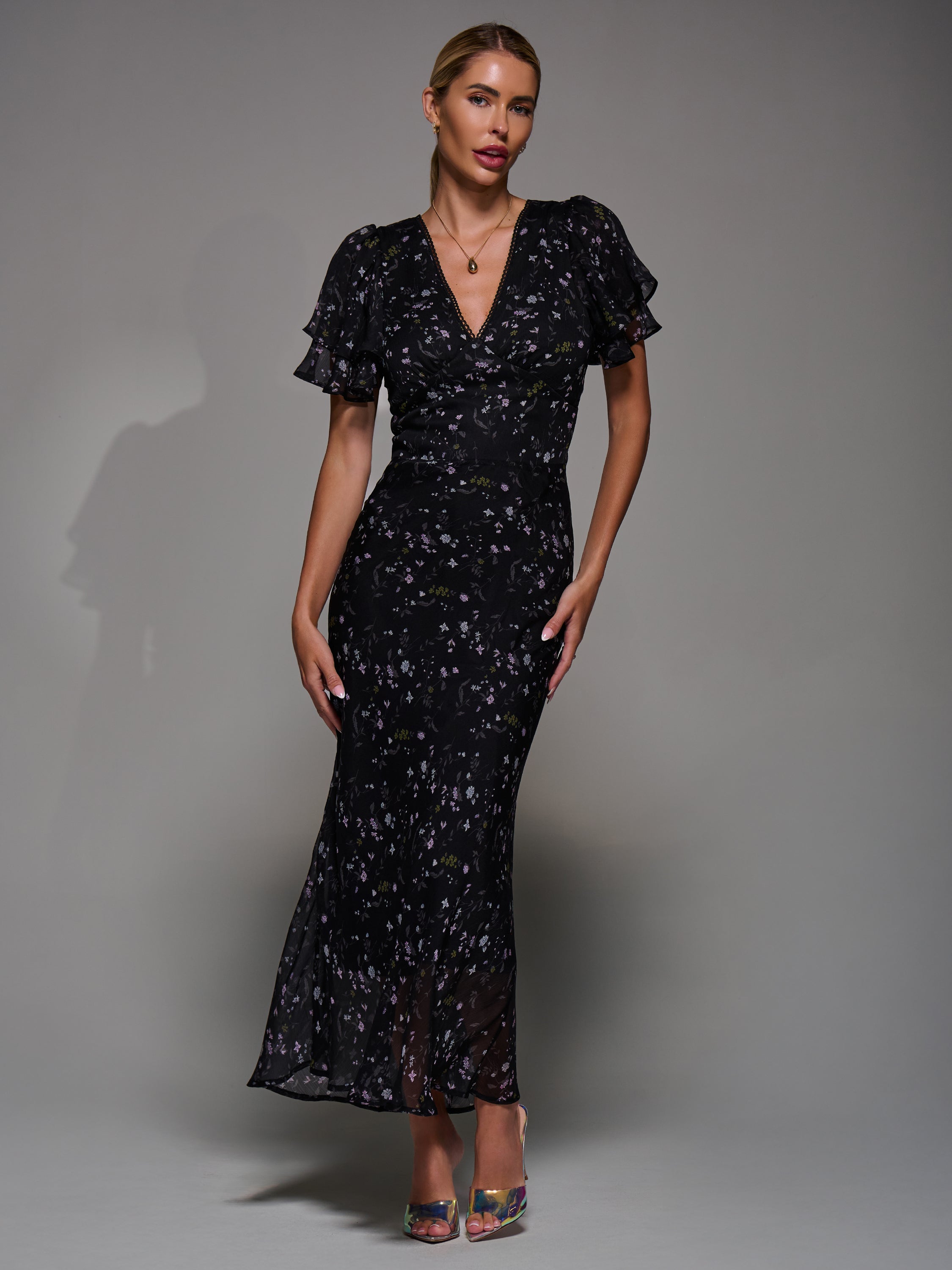 V-Neck Frill Sleeve Chiffon Midaxi Dress Back View