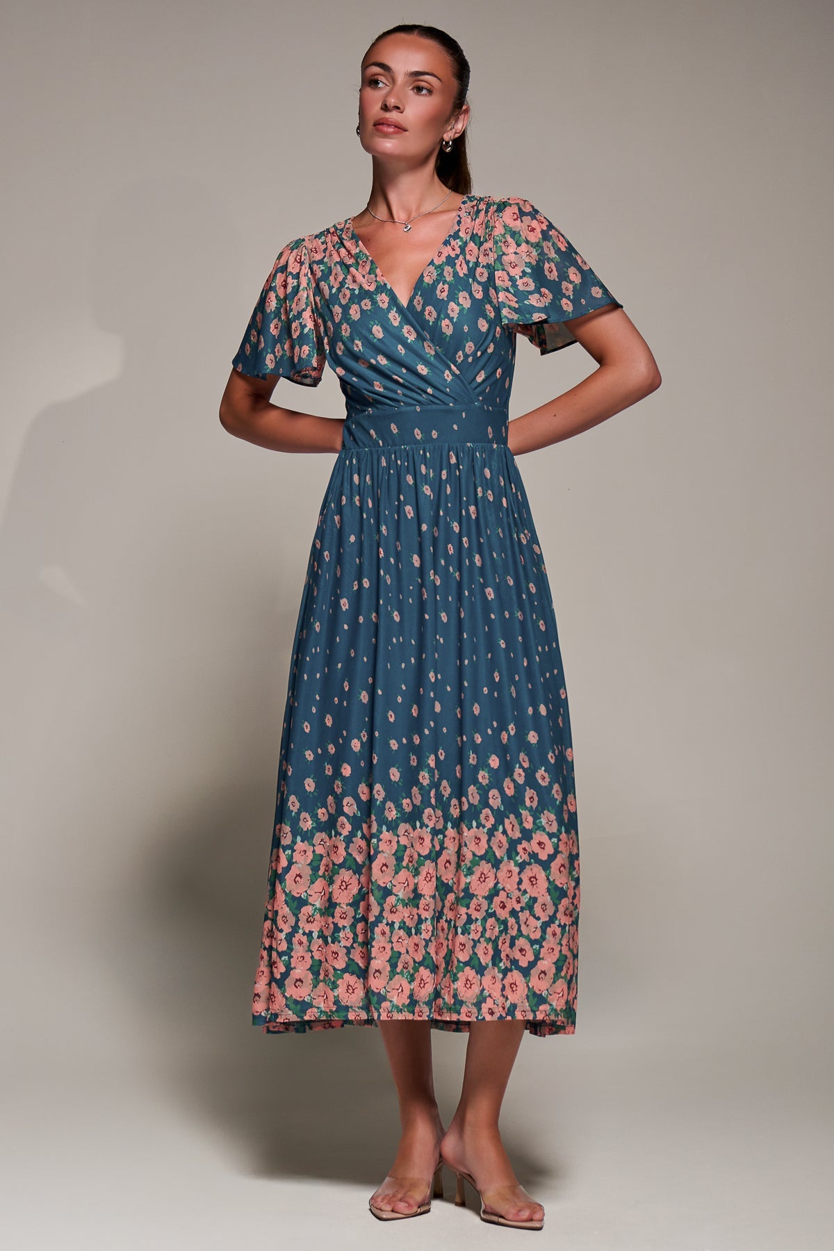 Mirrored Mesh Short Sleeve Midaxi Dress Styled View
