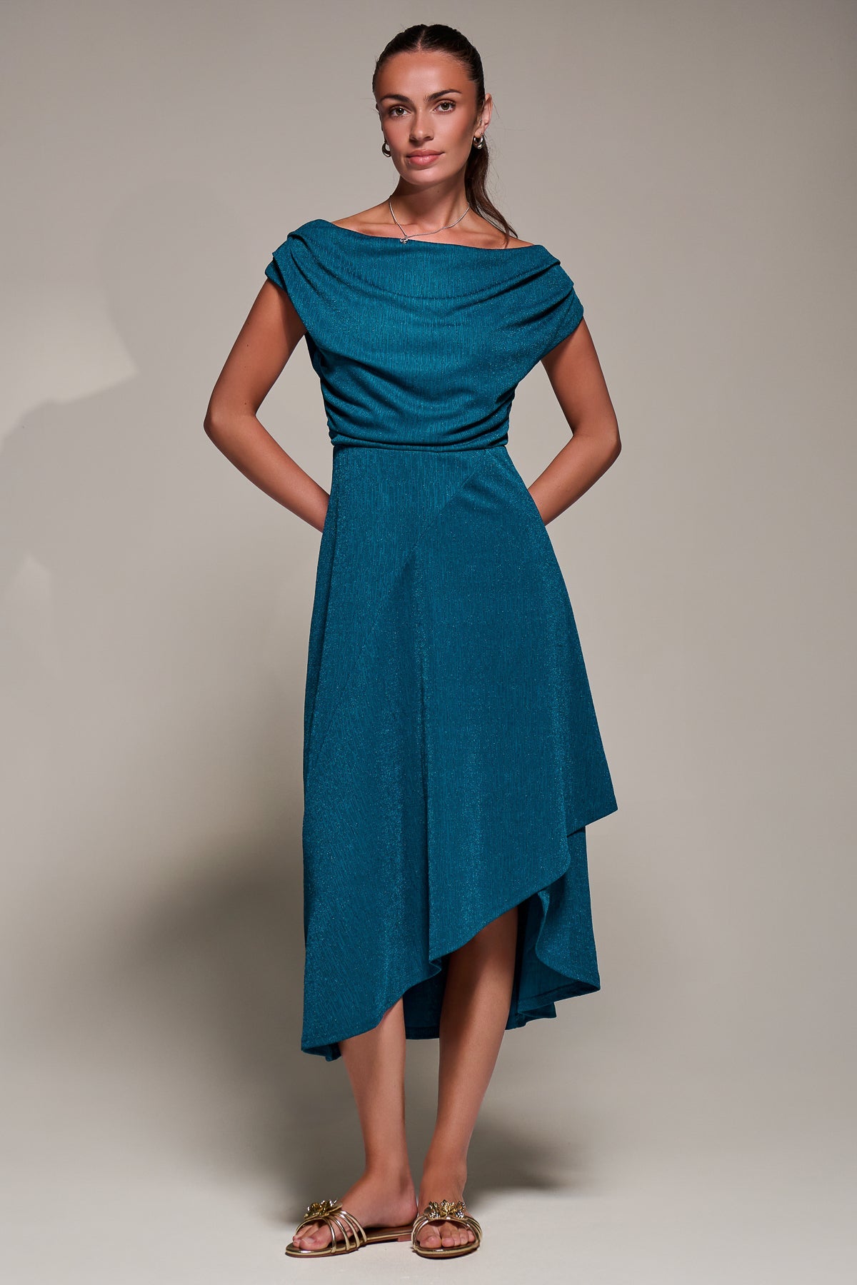 Draped Jersey Cowl Neck Midi Dress Front View