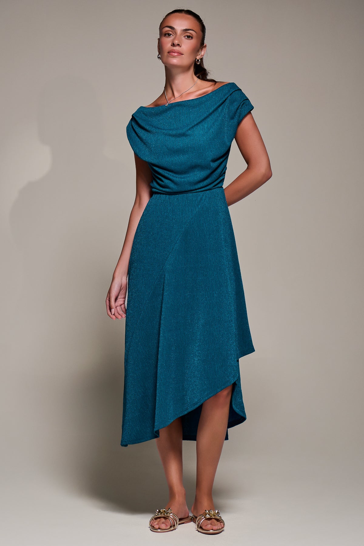 Draped Jersey Cowl Neck Midi Dress Full Length View