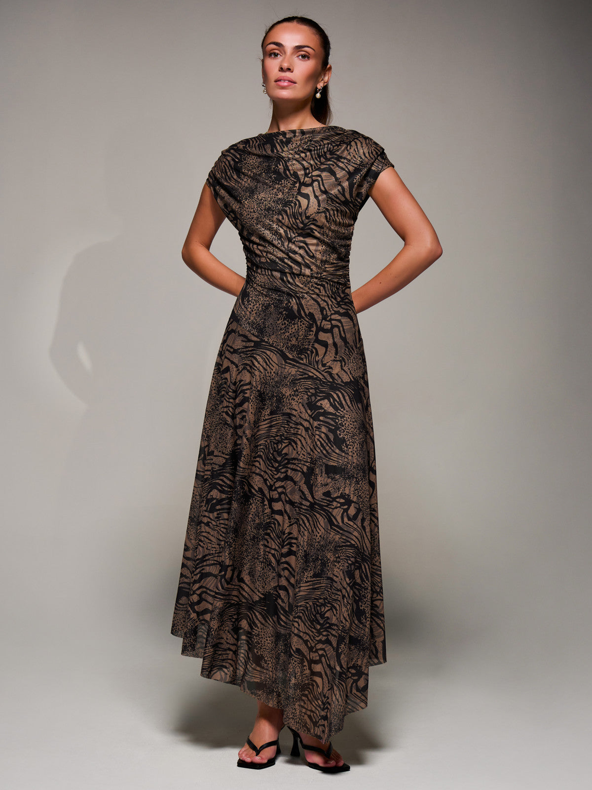 Asymmetrical Draped Slash Neck Midaxi Dress, Brown Animal Front View