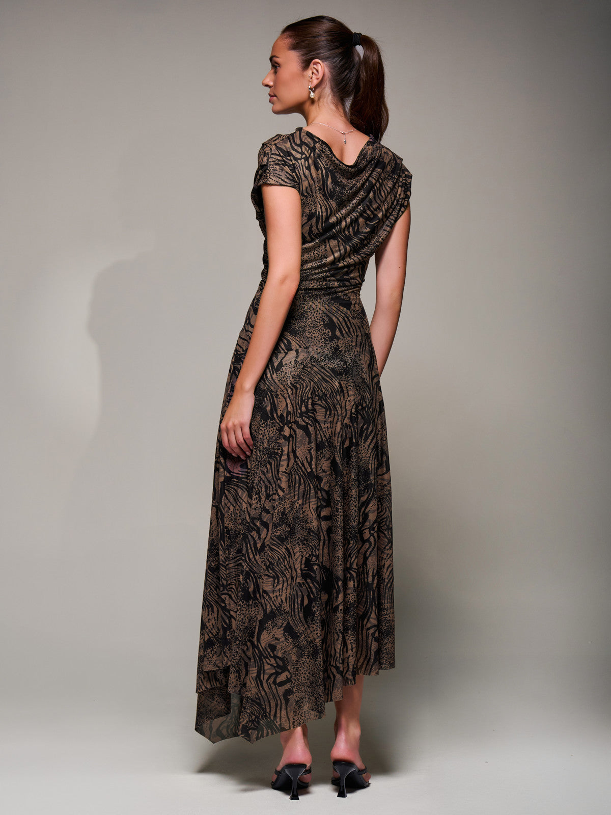 Asymmetrical Draped Slash Neck Midaxi Dress, Brown Animal Back View