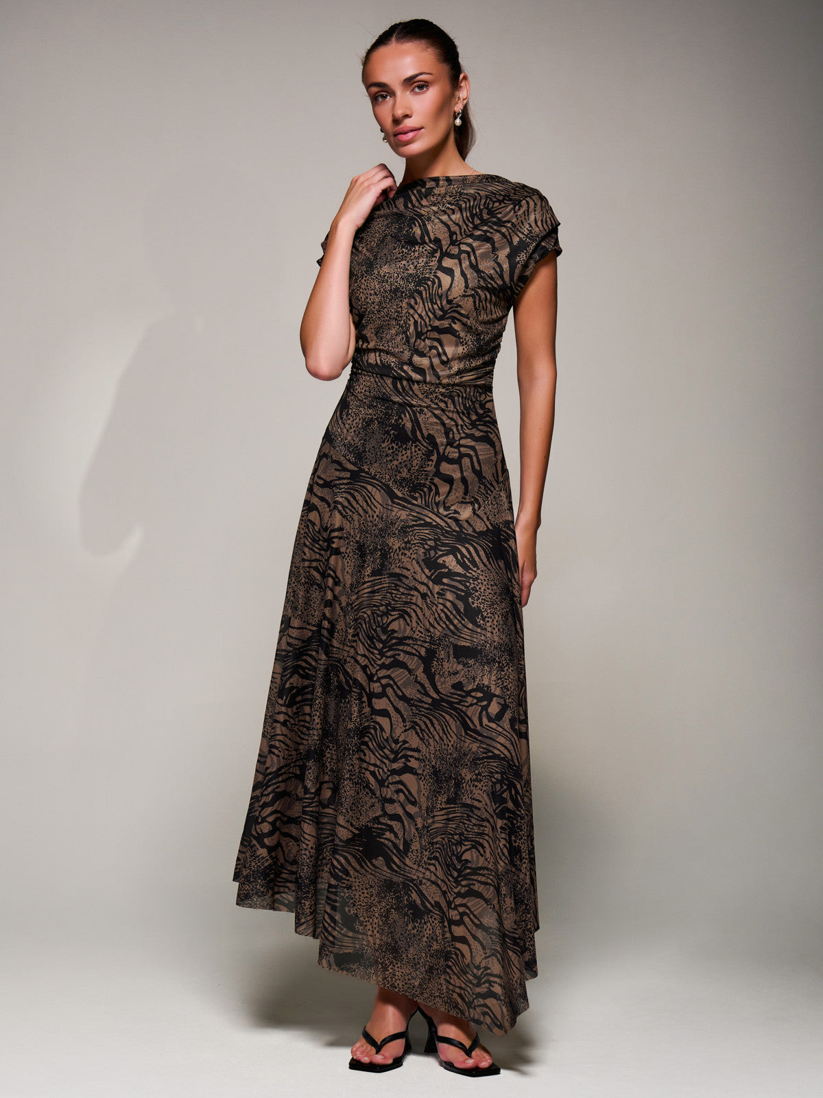 Asymmetrical Draped Slash Neck Midaxi Dress, Brown Animal Detail View