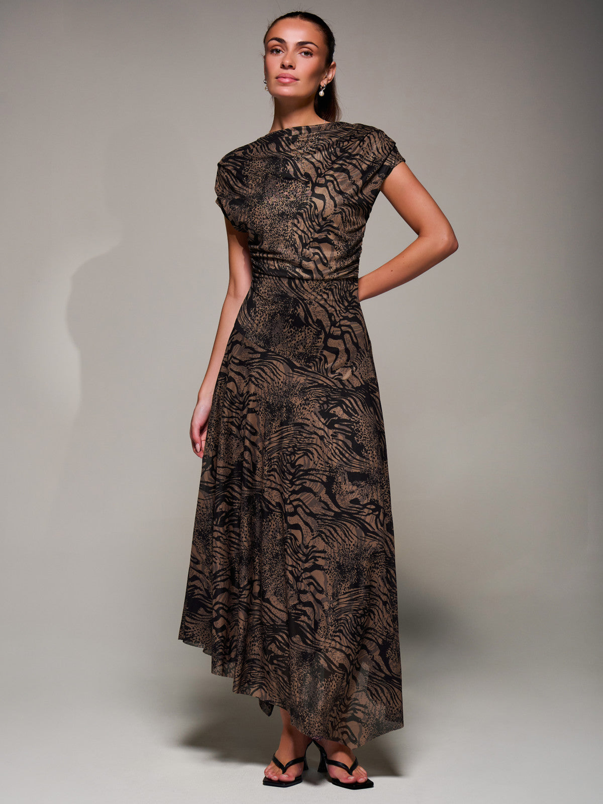 Asymmetrical Draped Slash Neck Midaxi Dress, Brown Animal Full Length View