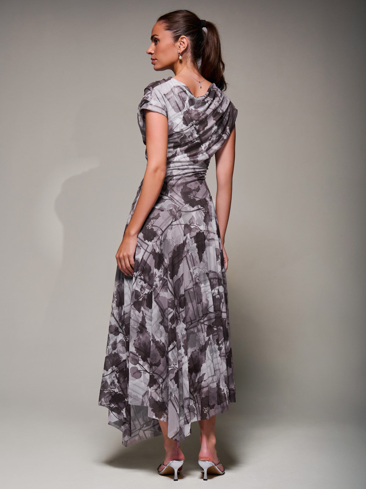 Asymmetrical Draped Slash Neck Midaxi Dress, Grey Abstract Back View