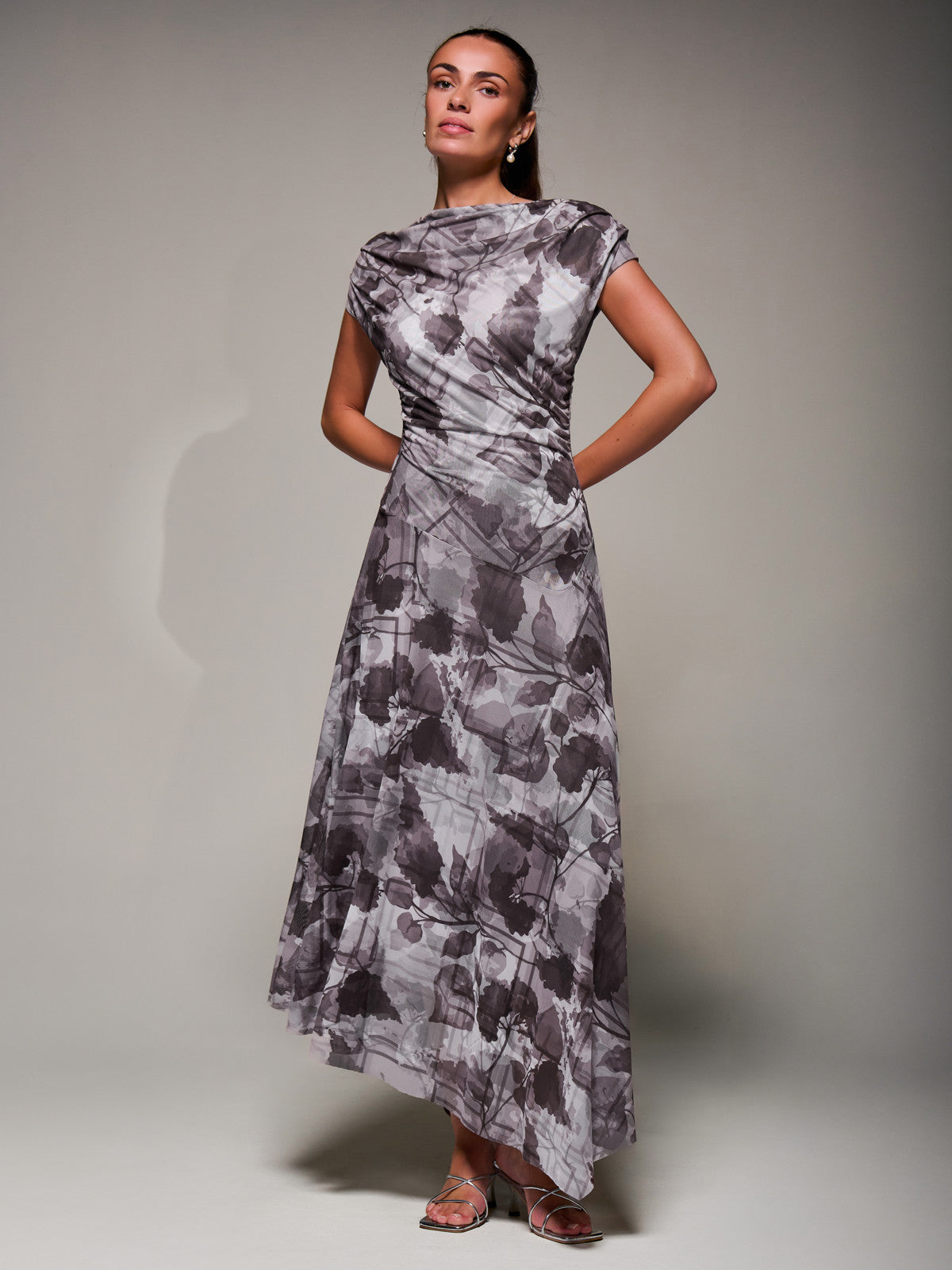 Asymmetrical Draped Slash Neck Midaxi Dress, Grey Abstract Styled View
