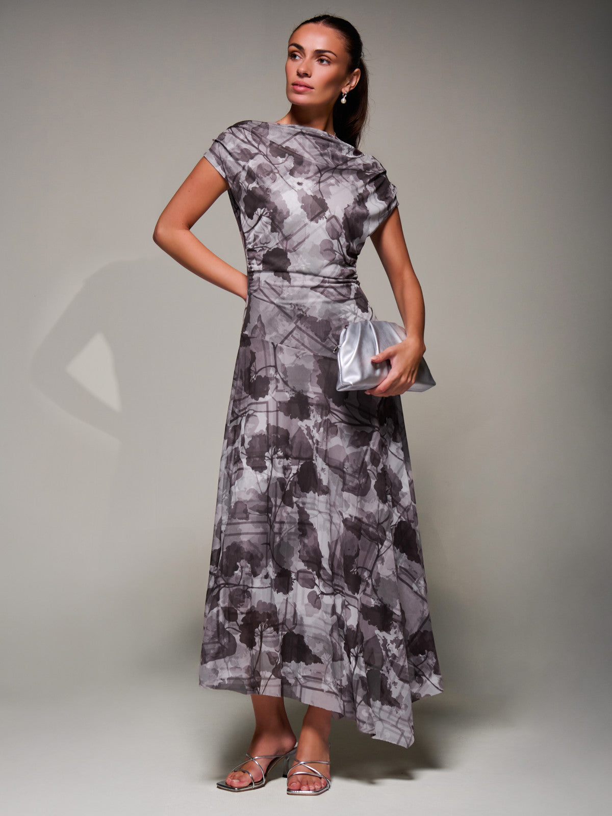 Asymmetrical Draped Slash Neck Midaxi Dress, Grey Abstract Full Length View