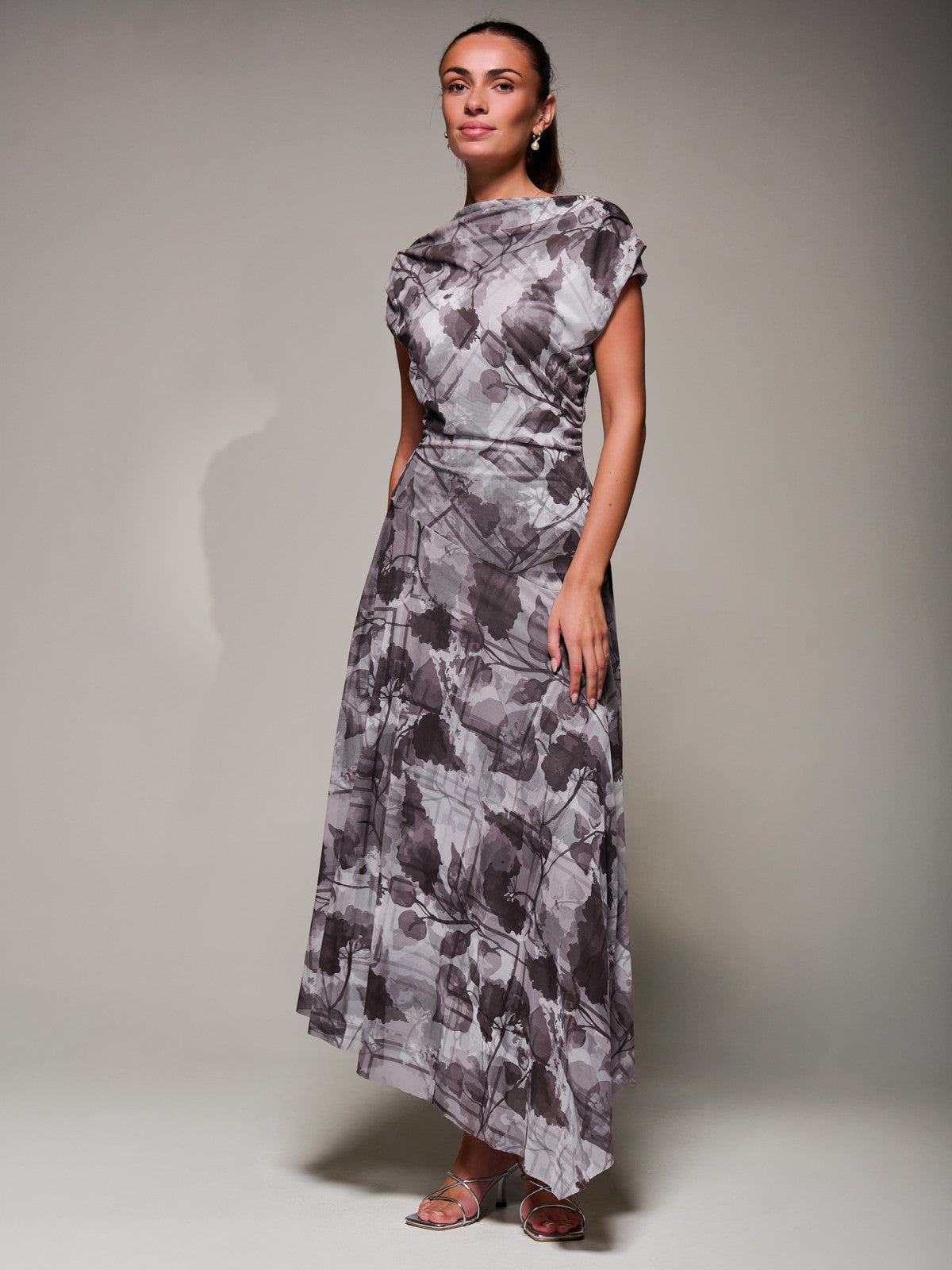 Asymmetrical Draped Slash Neck Midaxi Dress, Grey Abstract Front View 2
