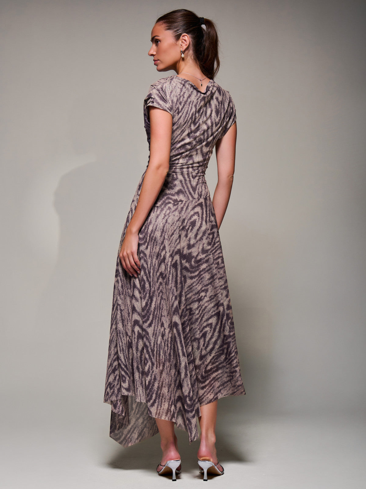 Asymmetrical Draped Slash Neck Midaxi Dress, Purple Abstract Back View