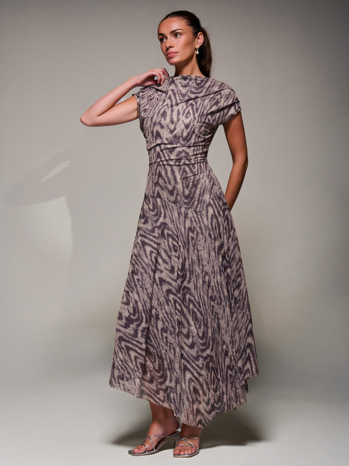 Asymmetrical Draped Slash Neck Midaxi Dress, Purple Abstract Styled View