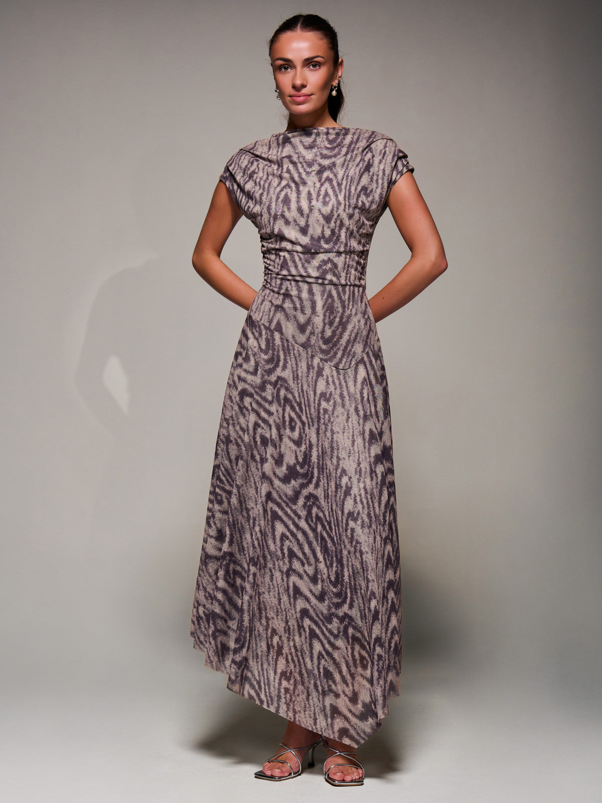 Asymmetrical Draped Slash Neck Midaxi Dress, Purple Abstract Full Length View