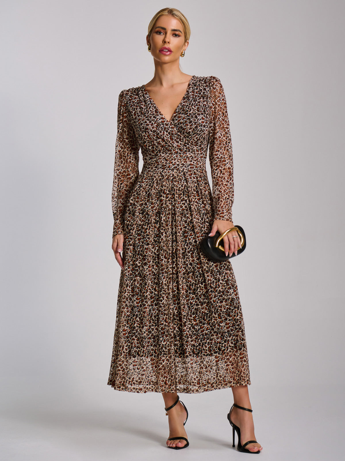 Long Sleeve Pleated Lace Maxi Dress Front View