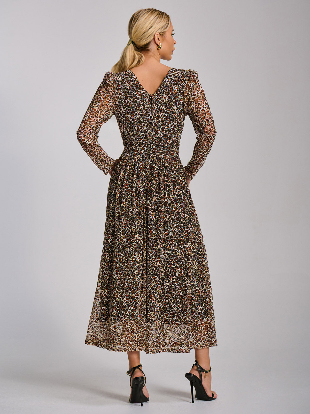 Long Sleeve Pleated Lace Maxi Dress Back View
