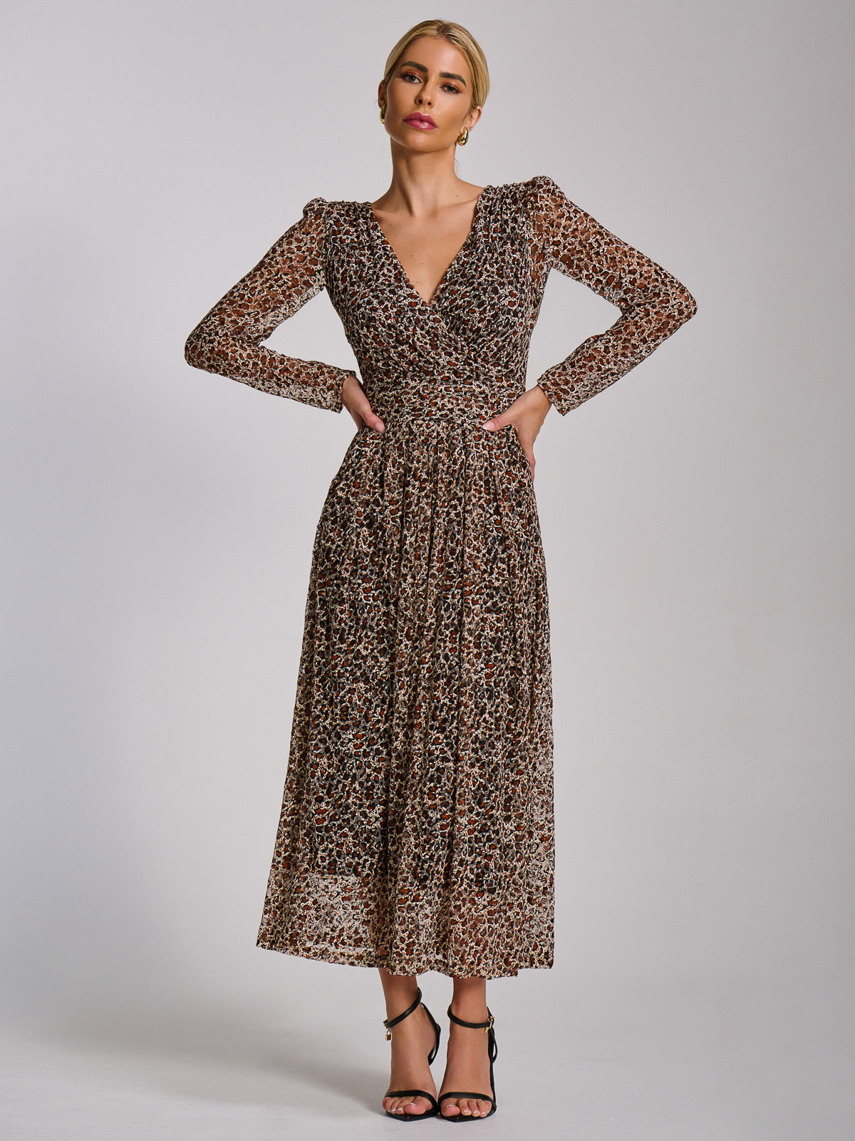 Long Sleeve Pleated Lace Maxi Dress Front View 2