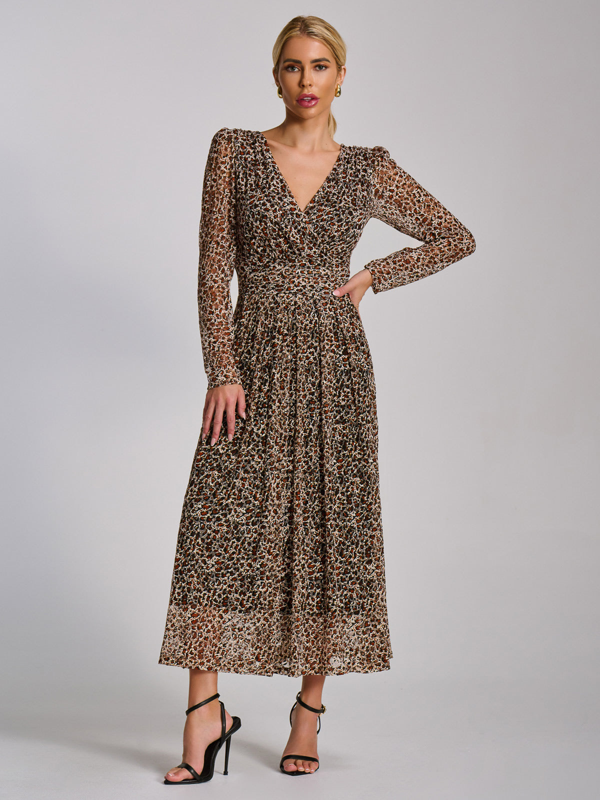 Long Sleeve Pleated Lace Maxi Dress Detail View