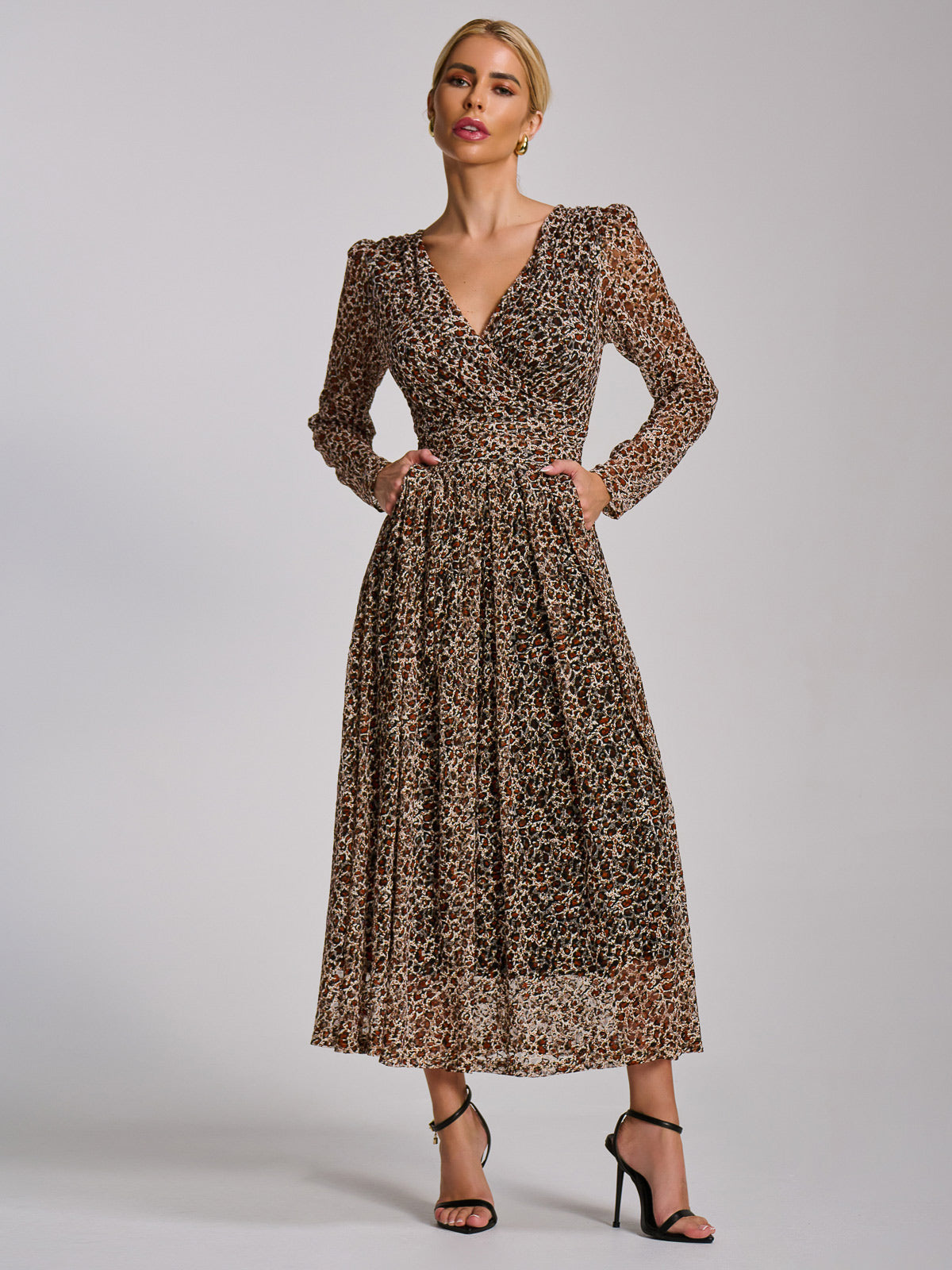 Long Sleeve Pleated Lace Maxi Dress Styled View