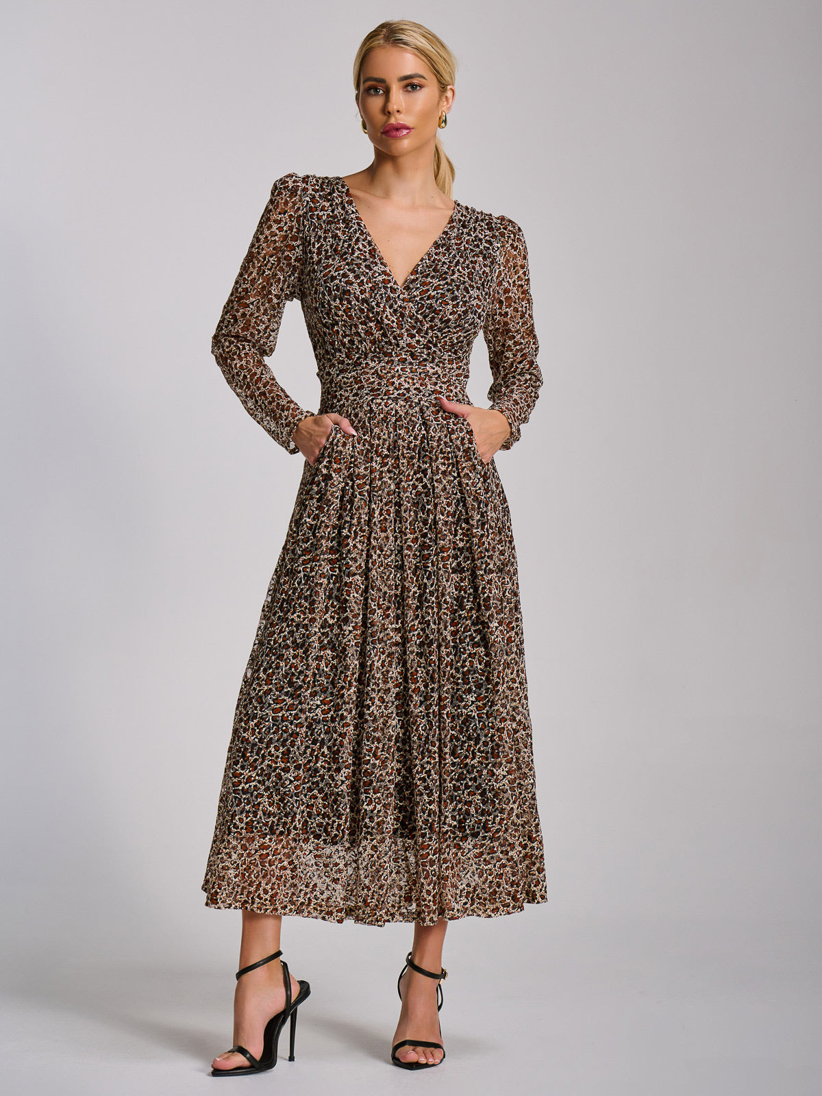Long Sleeve Pleated Lace Maxi Dress Full Length View