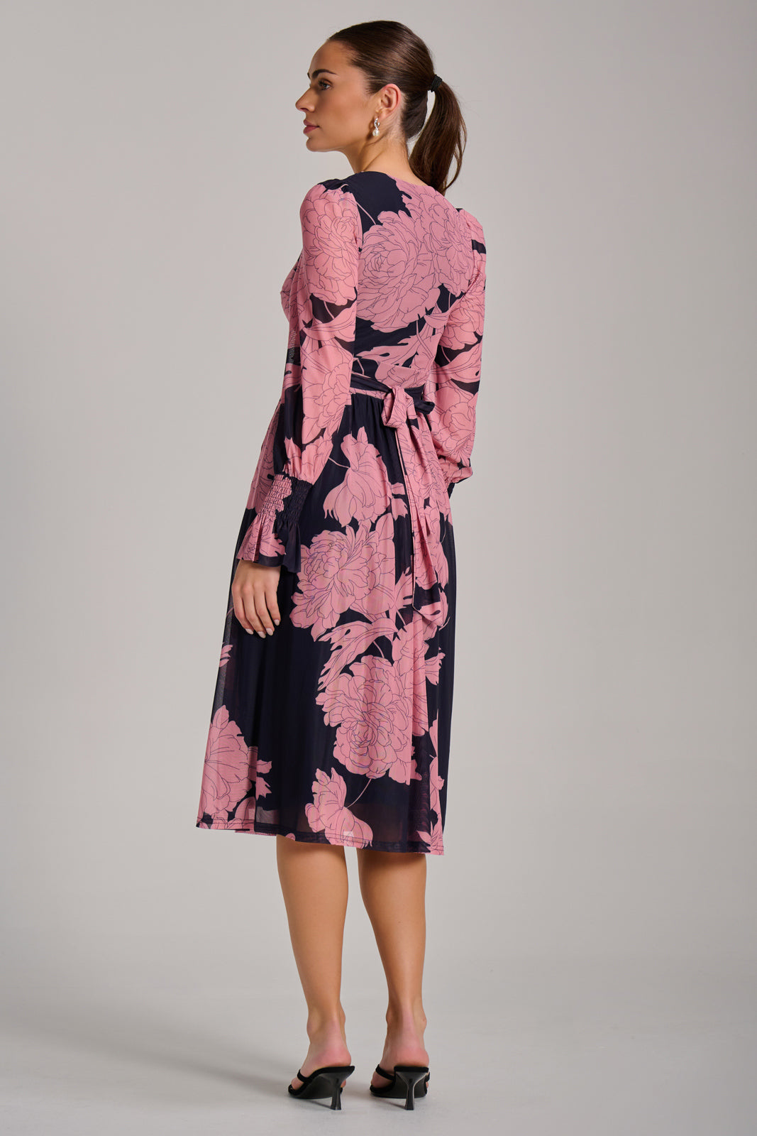 Long Sleeve Printed Mesh Midi Dress Back View