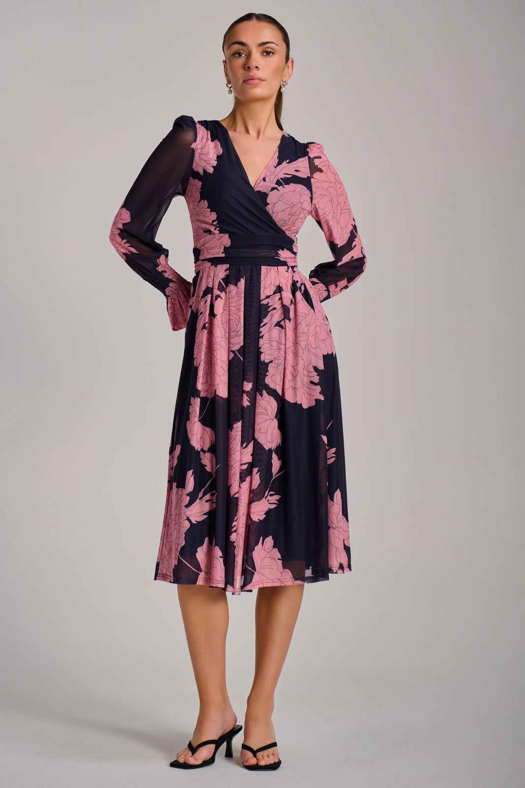 Long Sleeve Printed Mesh Midi Dress Front View