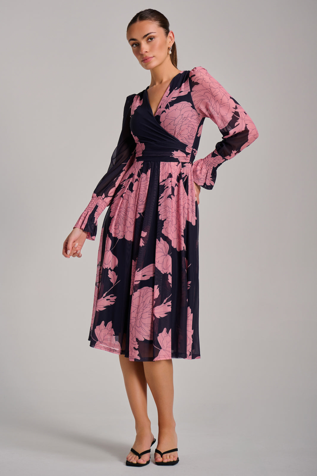 Long Sleeve Printed Mesh Midi Dress Detail View