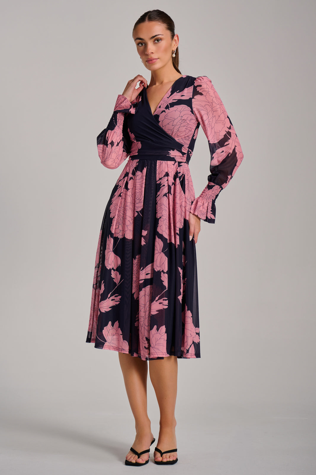 Long Sleeve Printed Mesh Midi Dress Full Length View