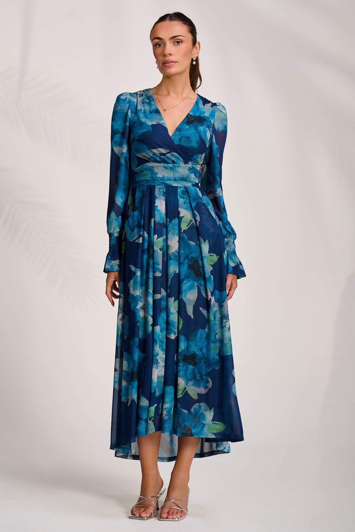 Long Sleeve V Neck Mesh Maxi Dress BLUE FLORAL Styled View