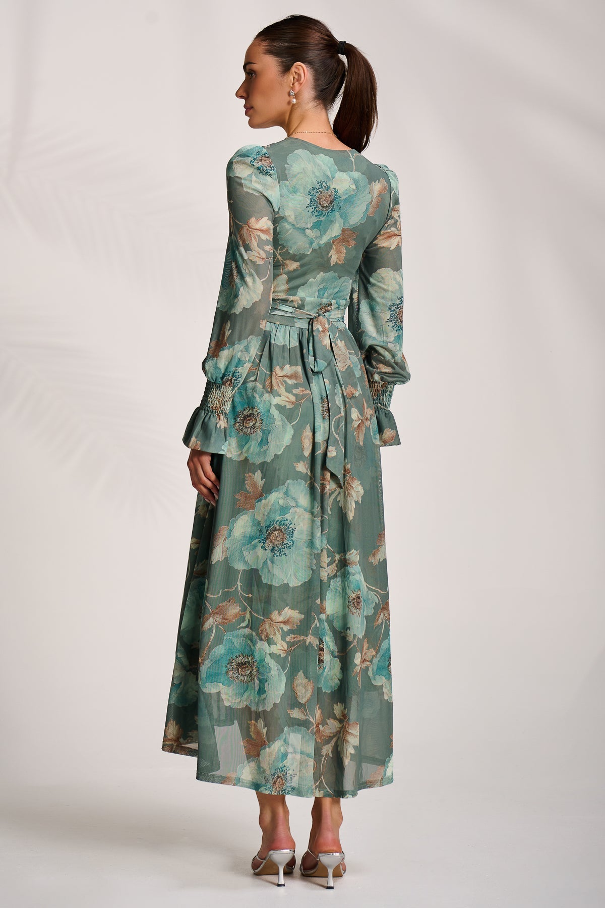 Long Sleeve V Neck Mesh Maxi Dress Back View