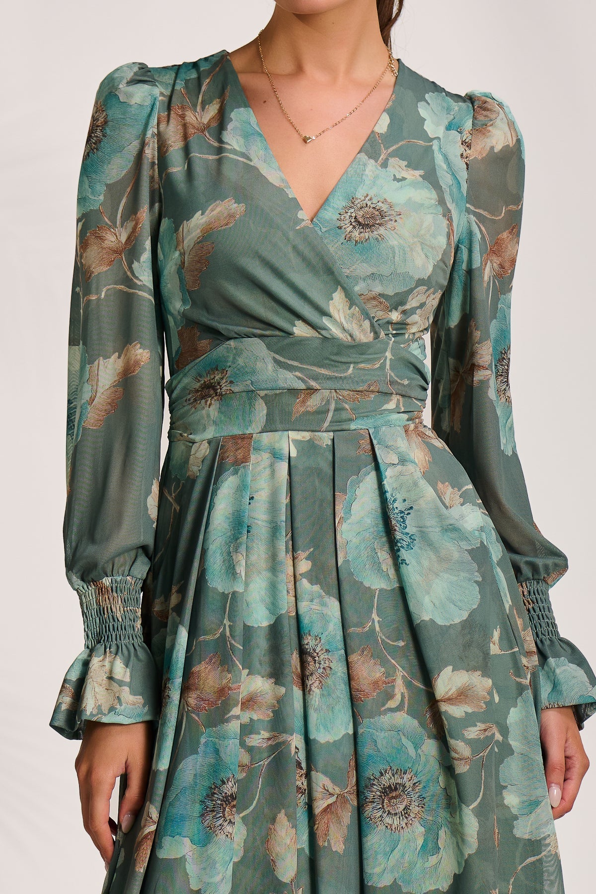 Long Sleeve V Neck Mesh Maxi Dress Full Length View