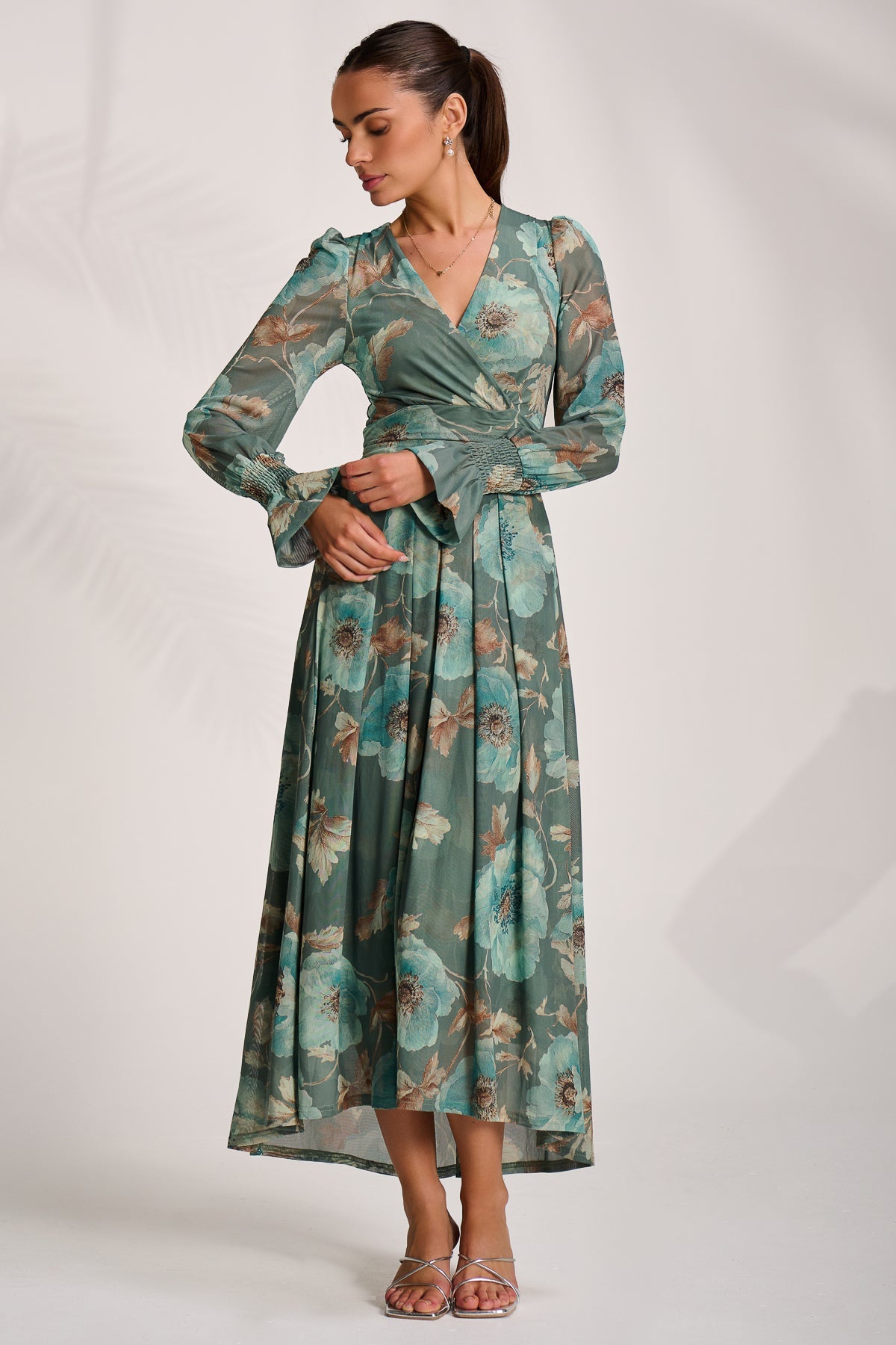 Long Sleeve V Neck Mesh Maxi Dress Detail View