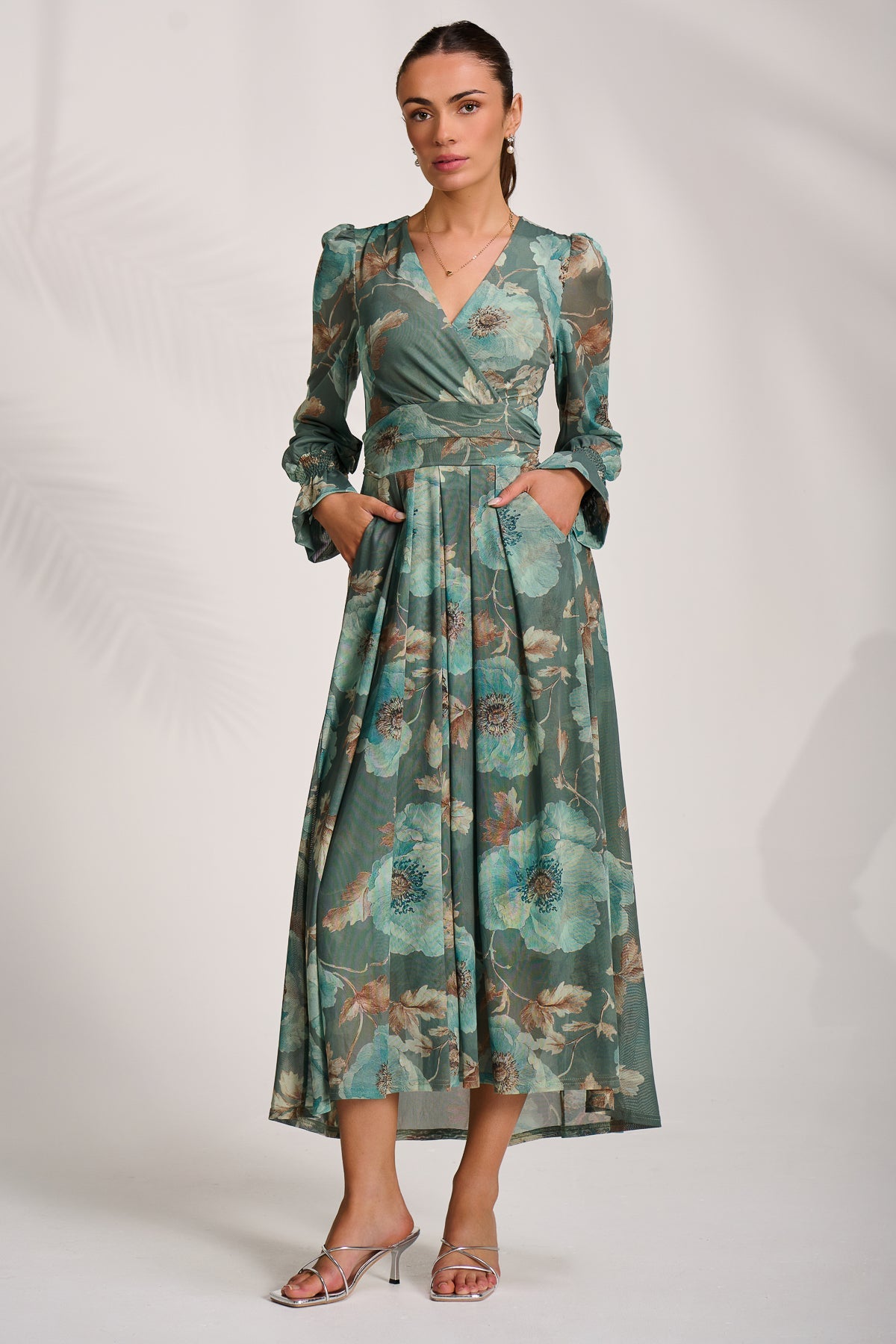 Long Sleeve V Neck Mesh Maxi Dress Styled View