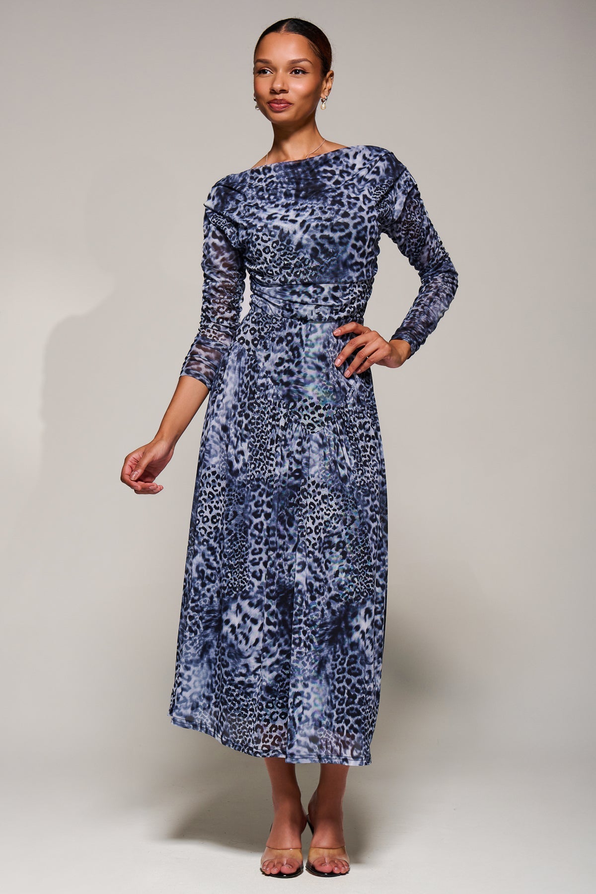 Long Sleeve Asymmetric Gathered Mesh Midi Dress Front View