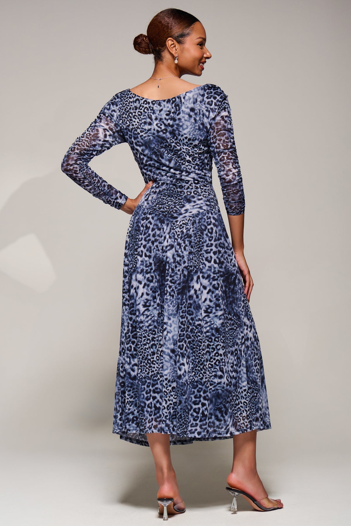 Long Sleeve Asymmetric Gathered Mesh Midi Dress Back View