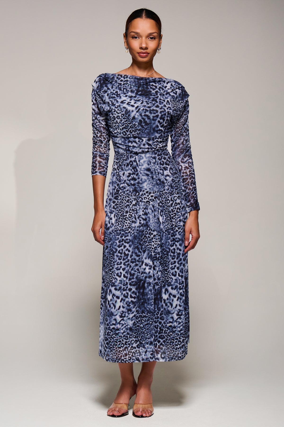 Long Sleeve Asymmetric Gathered Mesh Midi Dress Full Length View