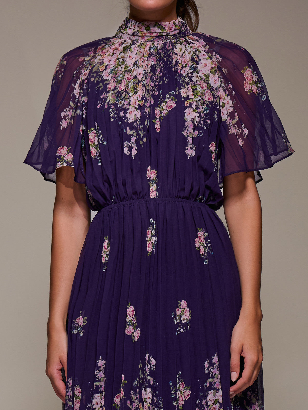 High Neck Short Sleeve Pleated Chiffon Dress Side View