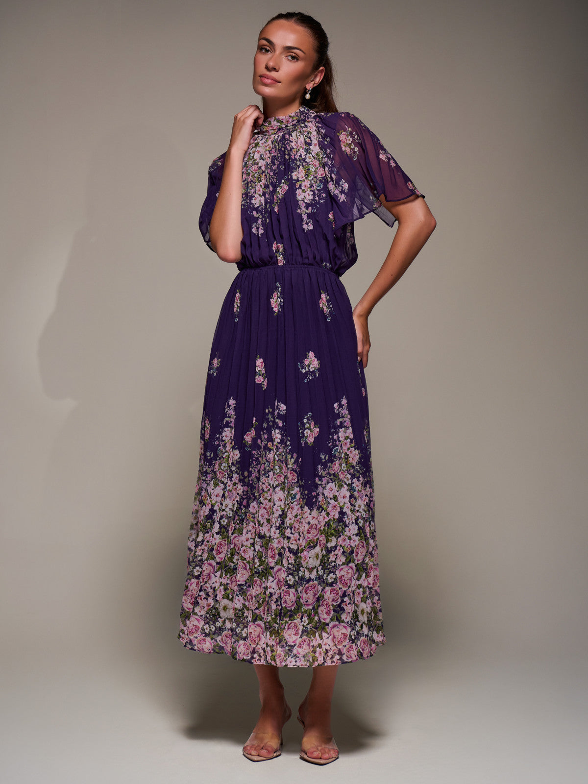 High Neck Short Sleeve Pleated Chiffon Dress Detail View