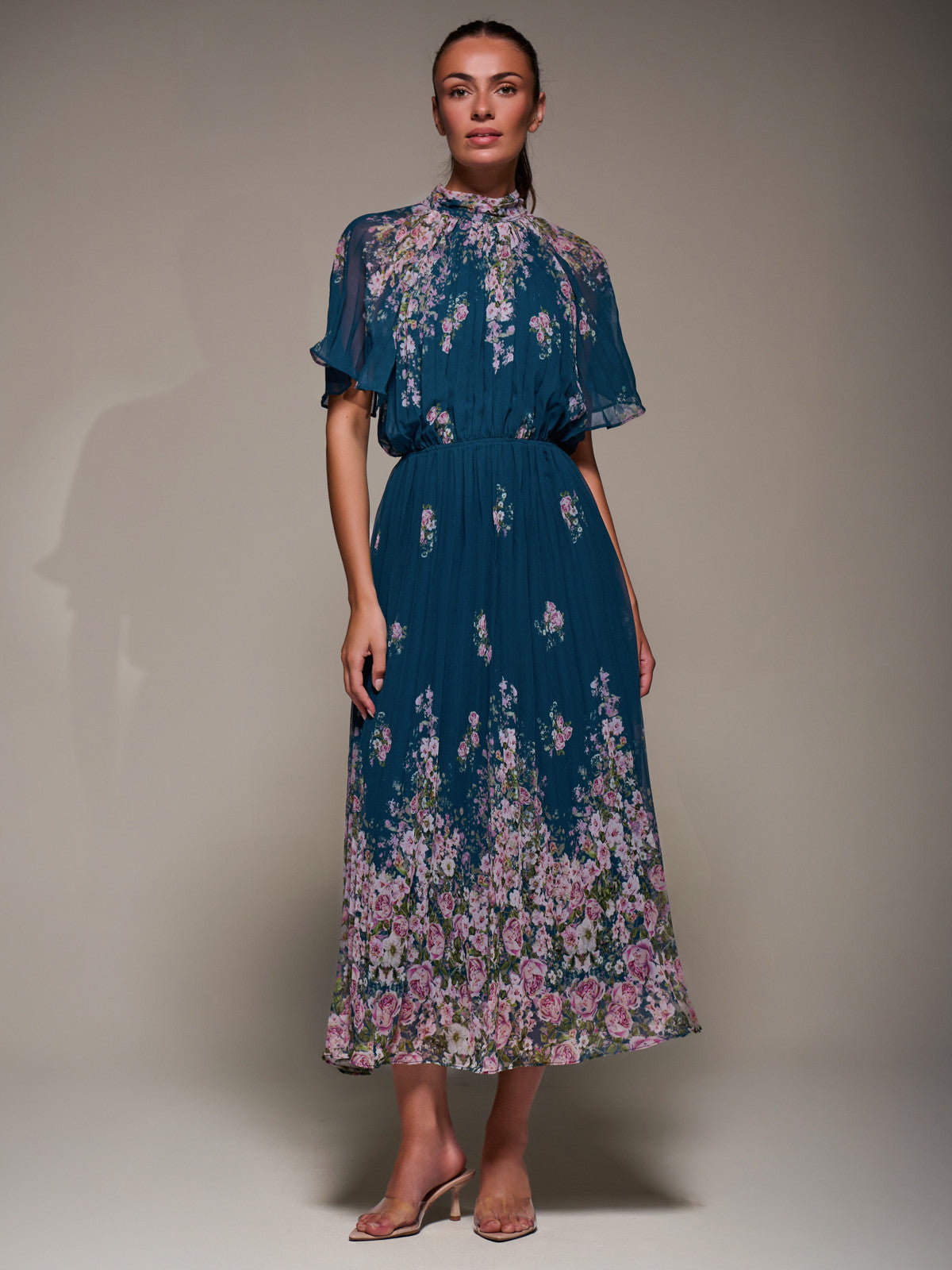 High Neck Short Sleeve Pleated Chiffon Dress teal floral Styled View