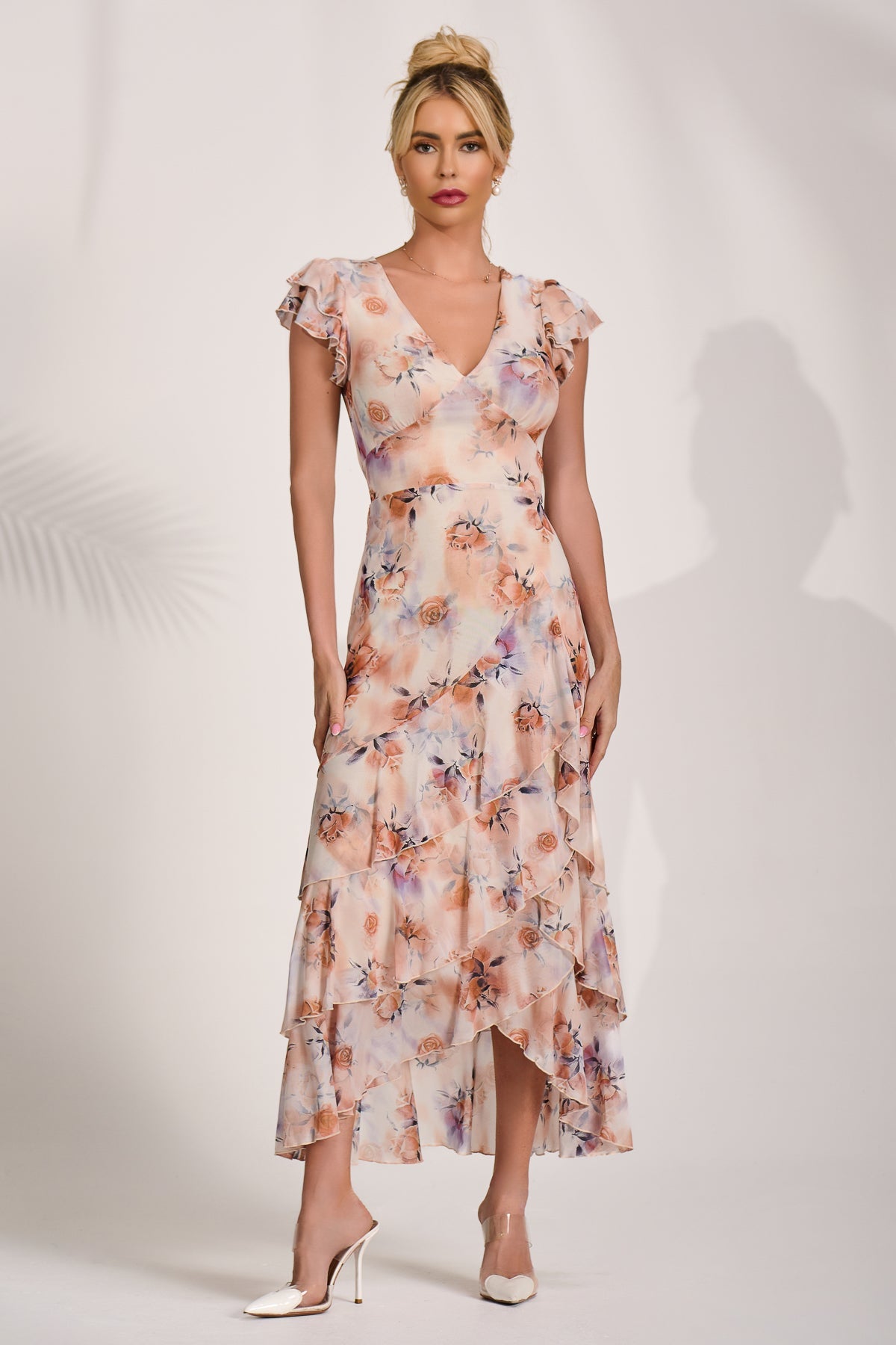 Mesh Ruffle Detail Maxi Dress Full Length View