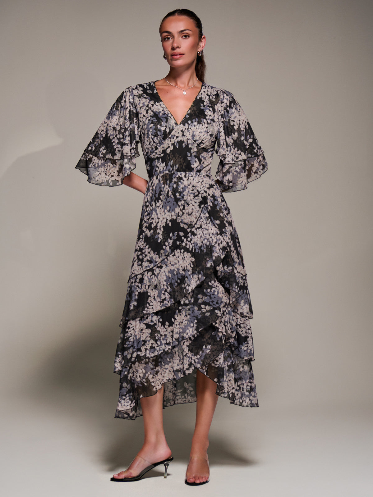 Frill Trim Mesh Maxi Dress Full Length View