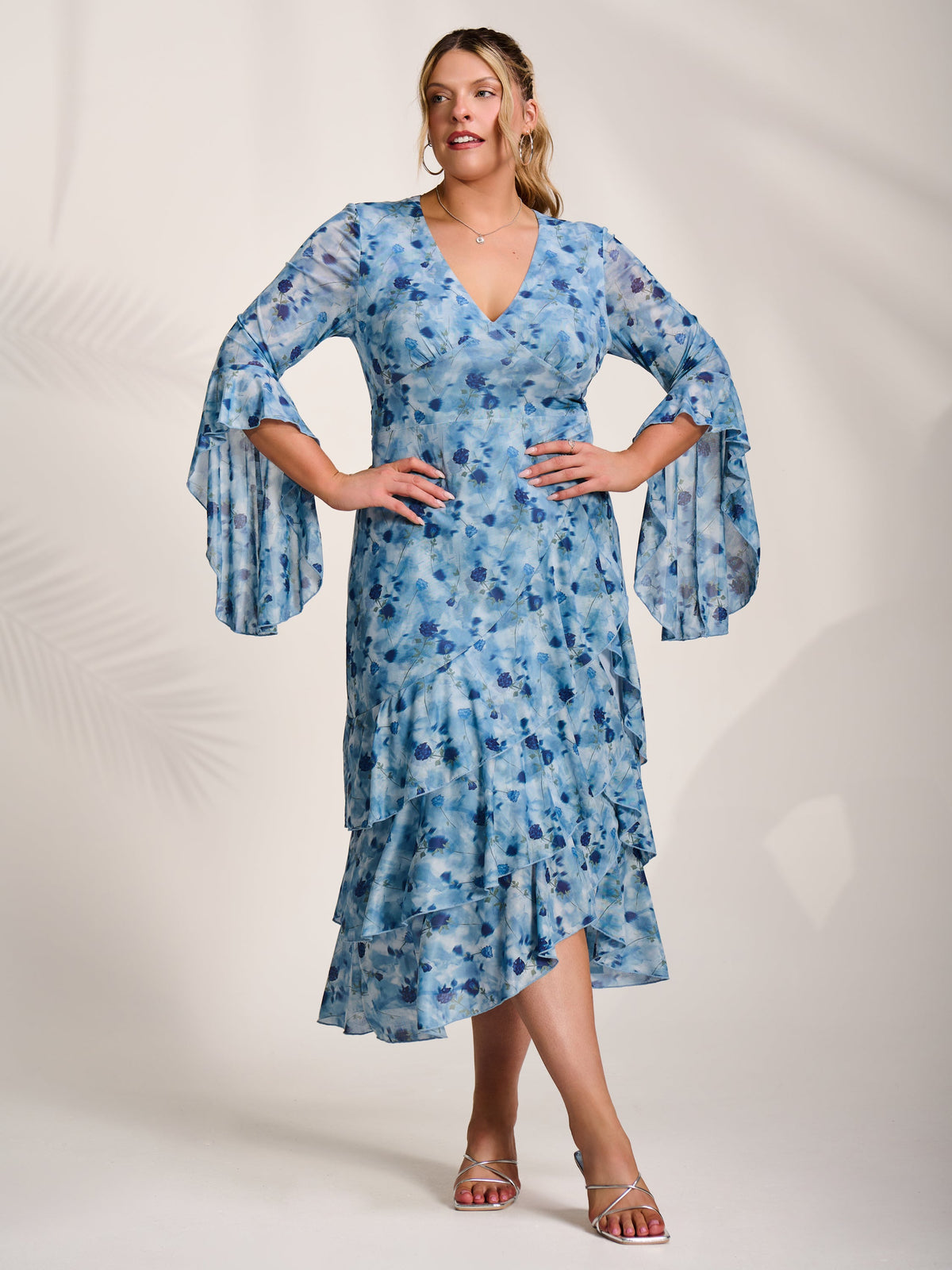 Mesh Ruffle Sleeve Tiered Midaxi Dress Front View