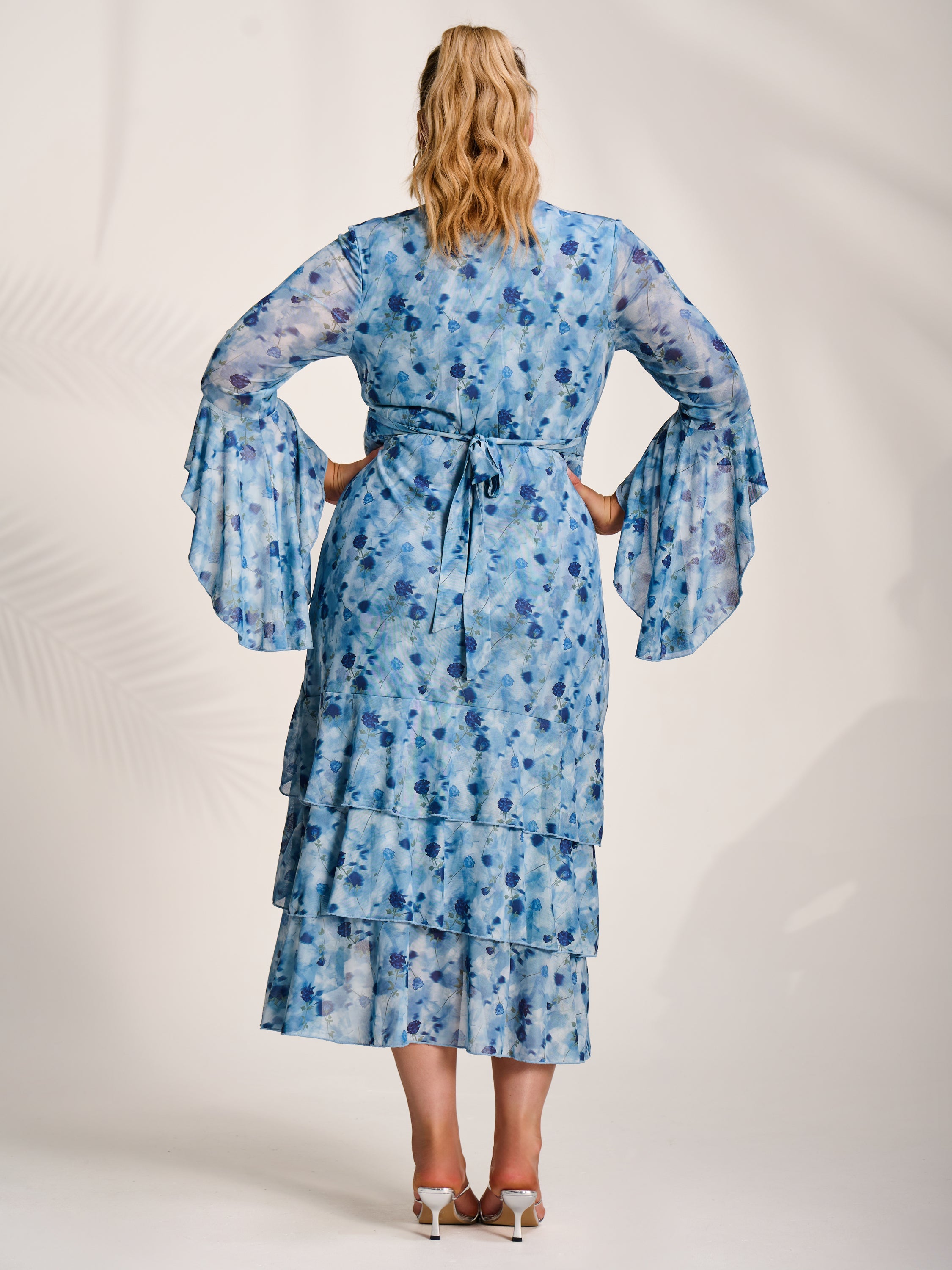 Mesh Ruffle Sleeve Tiered Midaxi Dress Back View