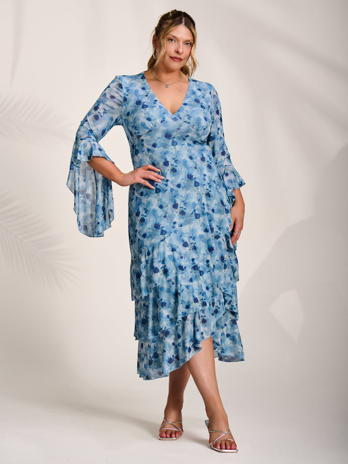 Mesh Ruffle Sleeve Tiered Midaxi Dress Styled View