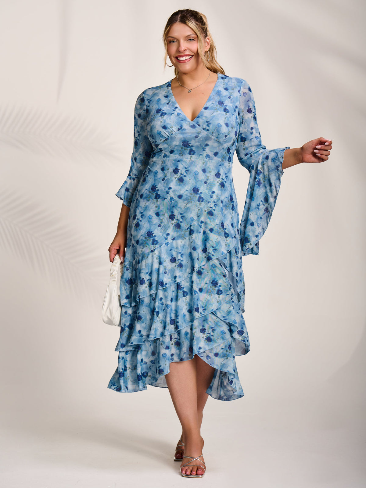 Mesh Ruffle Sleeve Tiered Midaxi Dress Full Length View